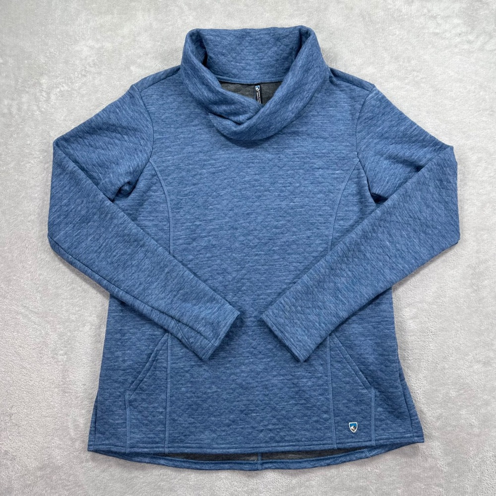 Kuhl Lea Pullover Women Large Blue Quilted Cowl Neck Wool Blend Long Sleeve Top